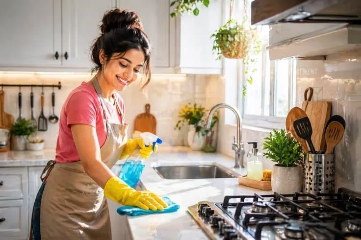 DBR team member cleaning a bright residential kitchen